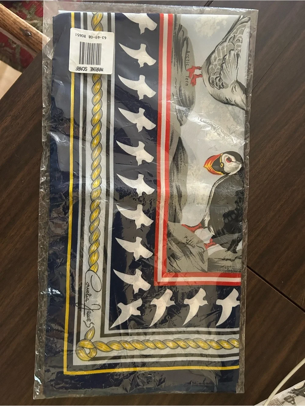 Navy Puffin Print Silk Scarf with Rope Trim